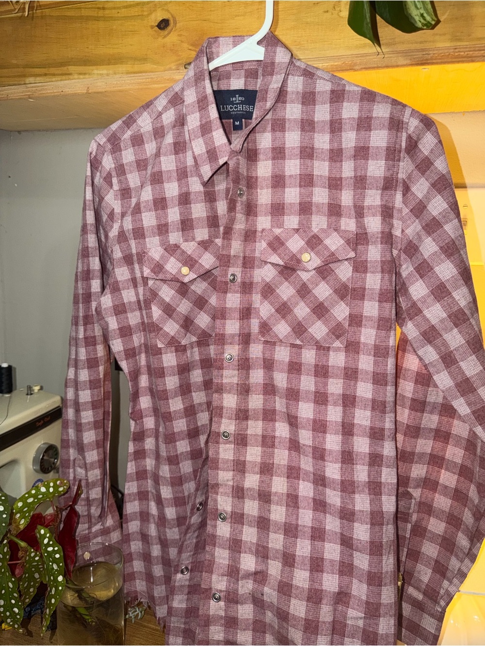 Lucchese Men's Maroon and White Plaid Western Button-Down Shirt